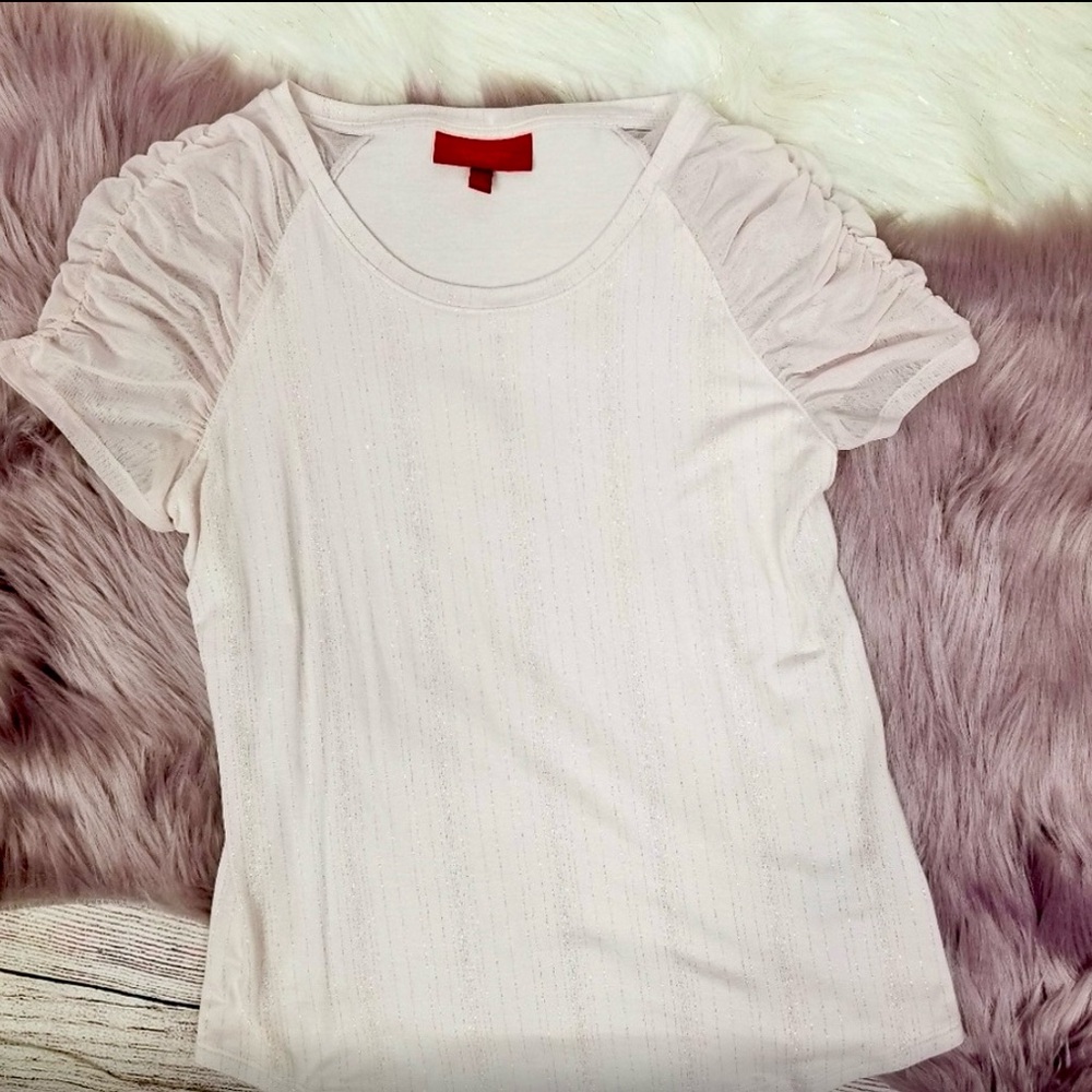 JLO Rose Gold Sparkle Tee with Sheer Ruched Sleeves